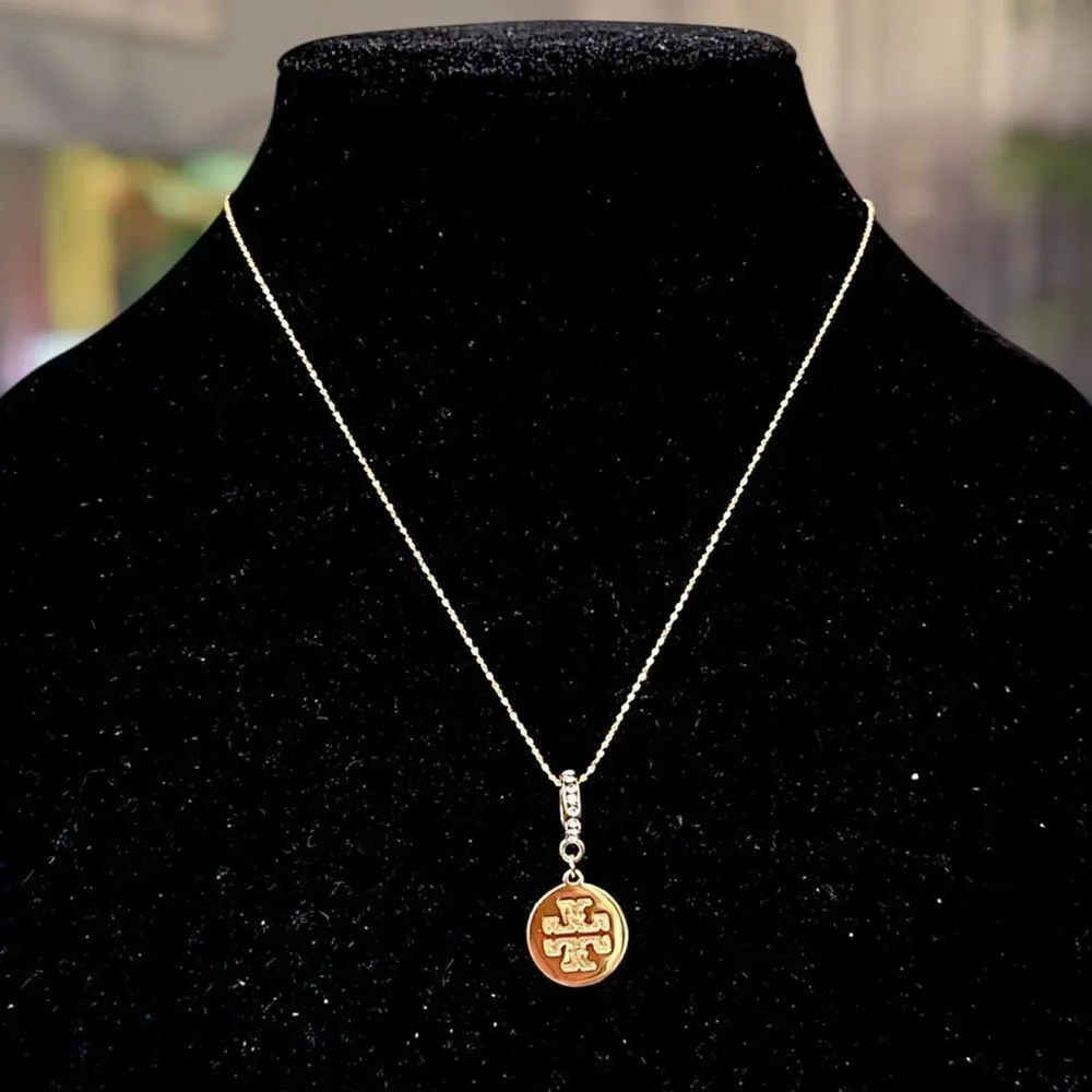 TORY BURCH 18K GOLD LOGO CHARM ITALY CHAIN NECKLACE